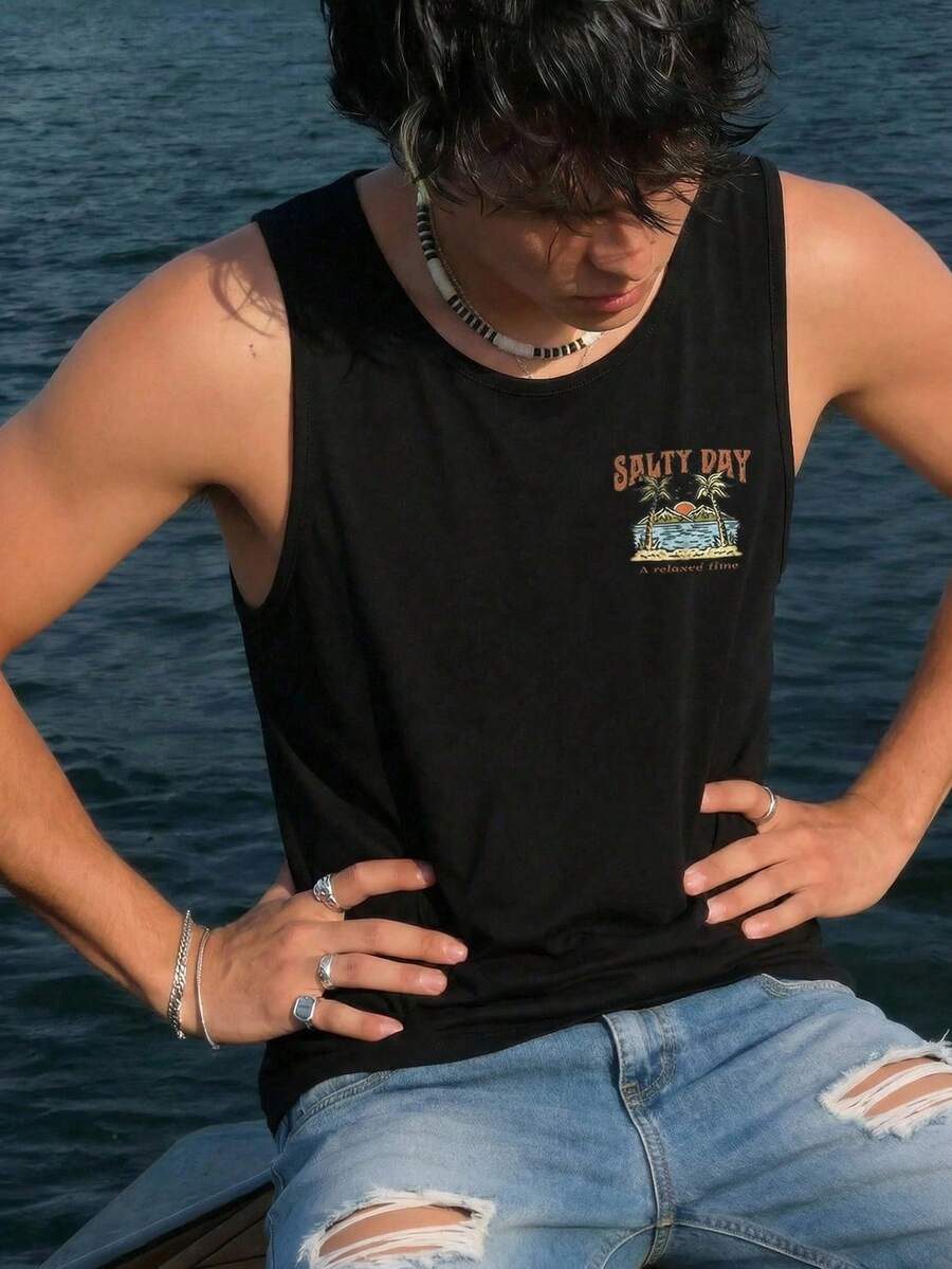 Open Phase 男士轻薄夏季度假棕榈树字母印花休闲背心，春夏皆宜 - 黑色 - 查看 1