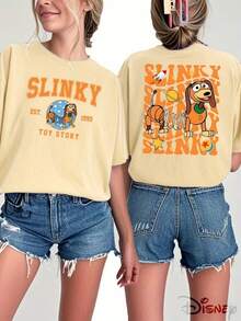 Disney Spring Dog Series Printed Ladies' T-Shirts, Toy Story Slinky Orange Stitching Printing, Genuine Authorized, Micro-Elastic, Can Be Used As Gifts For Family And Friends, Suitable For Spring And Summer. - 杏色 - 查看 1