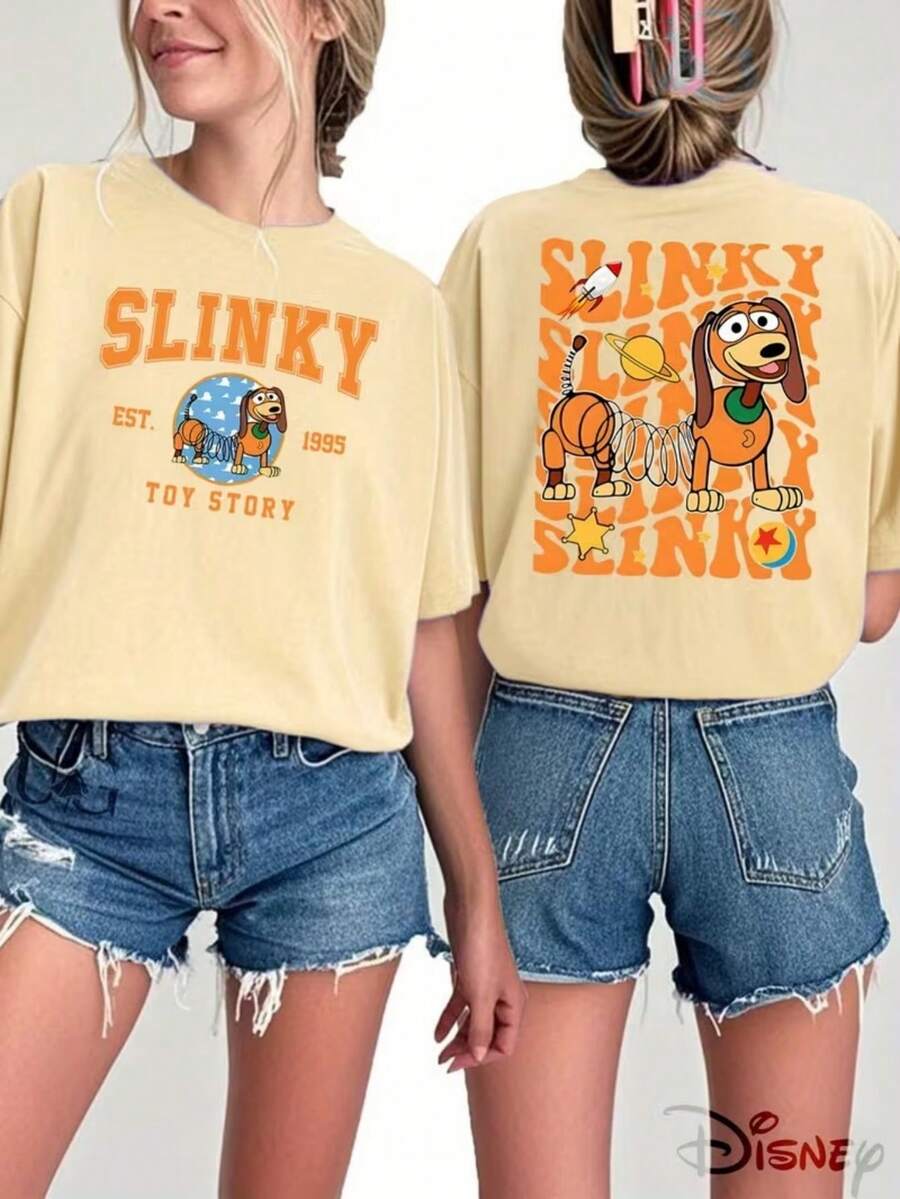 Disney Spring Dog Series Printed Ladies' T-Shirts, Toy Story Slinky Orange Stitching Printing, Genuine Authorized, Micro-Elastic, Can Be Used As Gifts For Family And Friends, Suitable For Spring And Summer. - 杏色 - 查看 1
