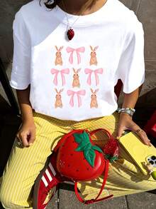Camiseta De Manga Corta Para Mujer, 100% Algodón, Cuello Redondo, Estilo Casual De Verano Con Diseño Temático De Pascua Y Estampado De Conejo. Transpirable, Ideal Para Primavera, Verano Y Otoño. Camiseta Relajada Y Deportiva Perfecta Para Un Look Casual. Camiseta De Manga Corta Para Mujer Con Estampado De Conejo. - [Blanco] - Ver 1
