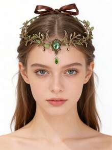 1pc Vintage Elegant Headpiece, Made Of Metal Inlaid With Crystals, Featuring Forest Branch Design Hair Accessory - Dark Green - View 2