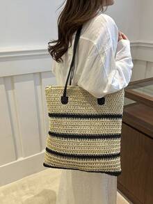 Bolsa de praia para férias, bolsa de palha trançada, bolsa de palha trançada de grande capacidade, bolsa de ombro em cores contrastantes - Multicolorido - Ver 2