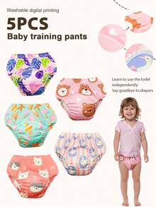 5pcs Baby Reusable Printed Potty Training Pants, Boys & Girls Infant Toilet Training Underwear, Washable - Pink Bear Heart - View 6