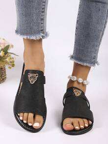 Dép lê họa tiết da báo dành cho nữ, giày đi biển mùa hè thoải mái và nhẹ nhàng, dép đế bằng EVA kiểu xỏ chân với mũi tròn và đế TPR, thích hợp cho kỳ nghỉ và sử dụng hàng ngày. - toàn màu đen - Xem 3