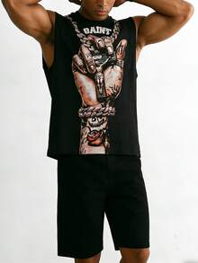 男士夏季睡衣套装，时尚背心和印花短裤，深色清凉两件套睡衣 - 彩色 - 查看 3