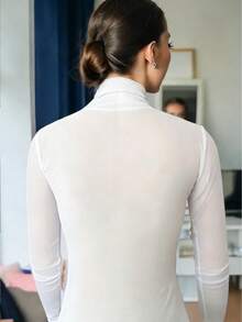 女士性感高领透视网纱长袖修身套头衫休闲白色春季款 - 白色 - 查看 5