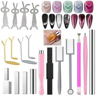 20件套猫眼美甲套装，3D美甲设计，家用美甲沙龙简易套装 - 耐用猫眼美甲工具