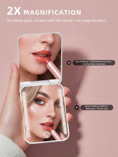 Gương trang điểm cầm tay hình trái tim sạc được, gương trang điểm LED phóng đại 2X với đèn LED 3 màu có thể điều chỉnh, gương làm đẹp nhỏ gọn có đèn.