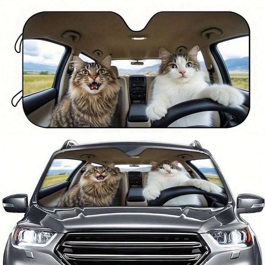 Cat Themed Car Sun Visor, Cute Cartoon Design, Sun Shading & UV Protection, Keeps Dashboard Cool, Fits Most Sedans, SUVs And RVs, Portable & Foldable, Fashionable Car Accessory, Must-Have Car Decor, Eye-Catching Photo Prop - Multicolor - View 1