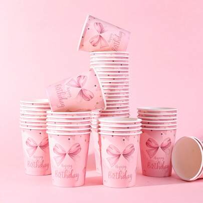 10 pièces/20 pièces/40 pièces, Tasse en papier jetable avec nœud rose, Tasse en papier thème anniversaire heureux avec grand nœud rose, étoiles dorées et argentées, tasse pour boisson froide et tasse à café, convient pour anniversaire, rassemblement familial, pique-nique, décoration de fête