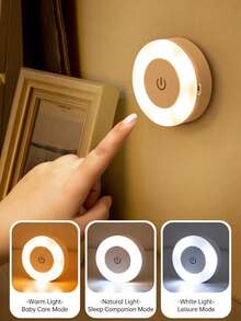 1pc Touch Sensor Night Light, Bedside Lamp, 3 Color Adjustable, Wireless Cabinet Light, Dimmable (Warm Light) For Bedroom, Bathroom, Living Room, Wardrobe, Kitchen, Home Decor, Wall Decor, Bedroom Decor, New Year, Spring Festival - 60 Touchscreen Mini Round Night Light - View 8