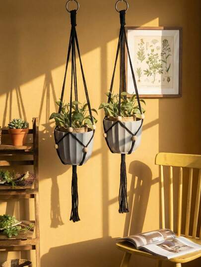Black Macrame Plant Hanger 30 Inch, Boho Cotton Rope Hanging Planter Basket With Wooden Beads, Modern Home Decor For Indoor Outdoor Ceiling Balcony (No Pot)