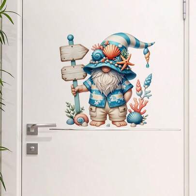 戴着星形帽子、穿着星形图案短裤的可爱小矮人，准备去海滩玩耍！这些墙贴是可移除的PVC贴纸，非常适合装饰客厅、房屋、浴室和厨房橱柜。