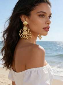 Women's Exaggerated Octopus & Shell Design Gold Bohemian Style Ocean Theme Party Earrings - Octopus - View 2
