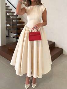 优雅简约时尚休闲复古喇叭短袖纯色褶皱拉链女士长连衣裙，适合晚宴、度假、上学、办公、海滩、夏季等场合。 - 杏色 - 查看 3