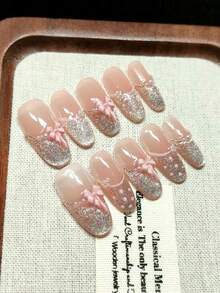 10pcs Handmade Wearable Nail Stickers, Embossed Fake Nails, French Dual-Color Design, Pink Cat Eye Effect, Pink Bow, Shiny & Fashionable, High-End Reusable, Best Gift For Girls - Pink - View 6
