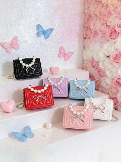 1件时尚甜美珍珠链条单肩/斜挎包，韩版风格，可爱手提包，珍珠手提包，高端纯色，适合日常购物、生日派对，精致可爱的链条斜挎包，送给朋友和家人的礼物。