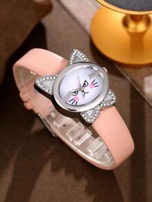 猫咪造型女童石英表，独特可爱猫脸表盘，理想礼物 - 彩色 - 查看 4