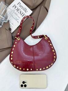 Punk Street Style Rivet Adjustable One Shoulder Crossbody Saddle Bag For Women - Burgundy - View 11