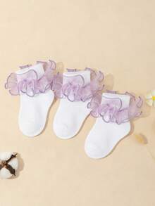 3 Pairs Girls' Sweet Cute Solid Ruffled Trim White Ankle Socks - Mauve Purple - View 3