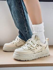 男士滑板鞋，帆布厚底休闲运动鞋，学生鞋 - 米色 - 查看 7