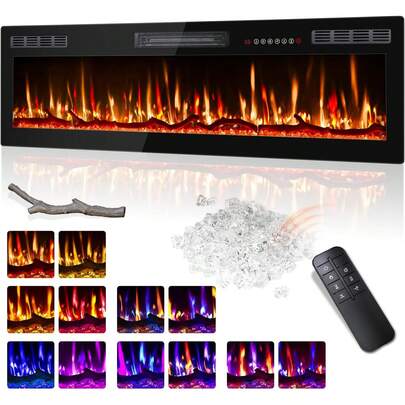 68"Ultra-Thin Silence Linear Electric Fireplace – Recessed & Wall Mounted Fireplace Heater With 12 Adjustable Flame Colors, Remote Control, Log & Crystal Options, 750W/1500W