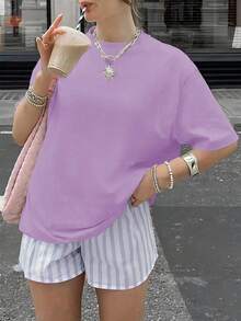 Women's Summer Short Sleeve T-Shirt, Loose Fit Plus Size T-Shirt, Knit Fabric, Fashion Street Style - Light Purple-red - View 7