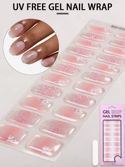 22pcs Pink UV-Free Gel Nail Wraps, Spring Shimmering Gradient Floral Gel Nail Strips, - No UV Damage, Easy Application, Suitable For Women's Work, Daily Home DIY Nail Stickers