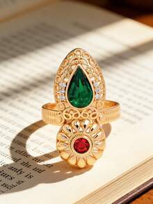 1pc Vintage Style Gold-Plated Red & Green Zirconia Gourd Shaped Ring For Women, Auspicious Meaning, Fashionable & Versatile Daily Or Holiday Wear - 02 - View 1