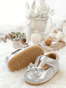 Cute Infant Girl Shoes With Bunny Ears, Infant Mary Jane Flats Princess Wedding Easter Dress Shoes Newborn Crib Shoes Prewalker First Walkers - Silver - View 6