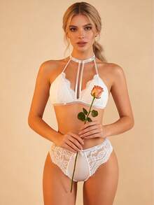 2pcs Romantic Lace Lingerie Set, V-Neck Spaghetti Strap Crystal Shoulder Strap Bra With Bow Accent Low-Waist Panty, Lace & Mesh Patchwork Women's Underwear Set - White - View 10