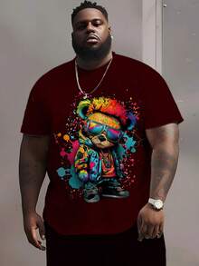 Camiseta de hombre de talla grande con estampado de león colorido, de tela de punto de poliéster, cuello redondo, ajuste casual, diseño gráfico novedoso - Burdeos - Ver 1