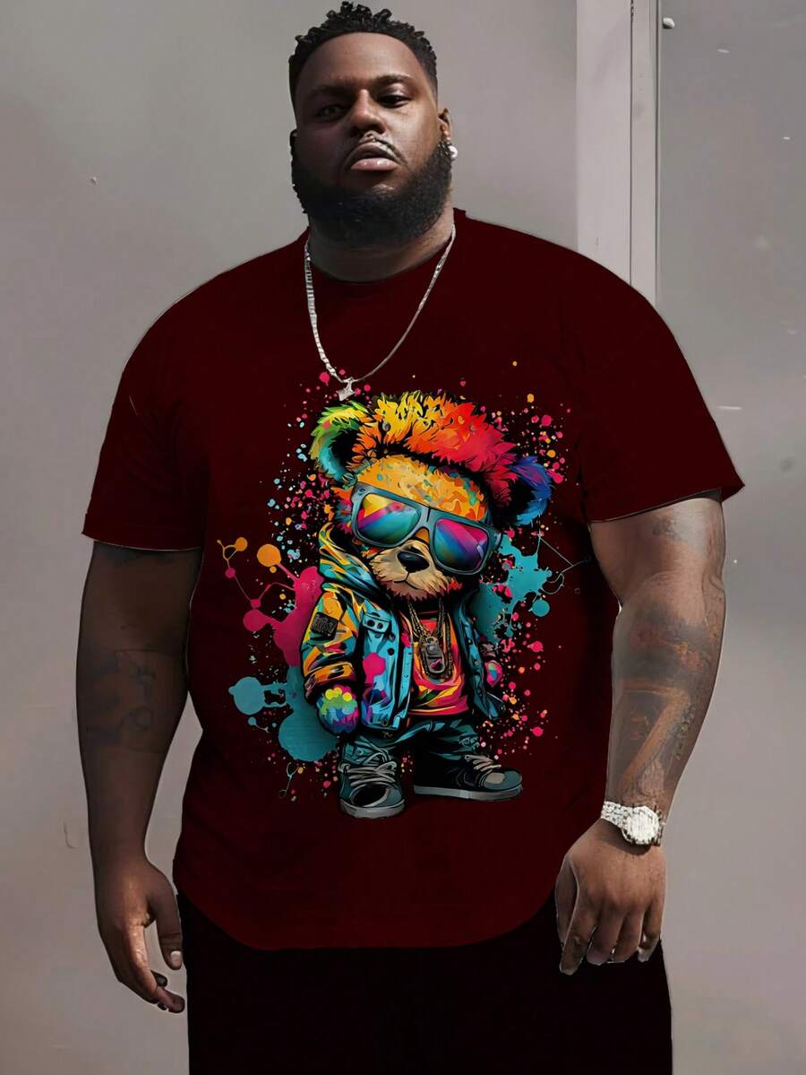 Camiseta de hombre de talla grande con estampado de león colorido, de tela de punto de poliéster, cuello redondo, ajuste casual, diseño gráfico novedoso - Burdeos - Ver 1