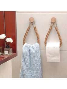 Móc treo bằng gỗ nguyên khối không cần khoan, giá đựng giấy vệ sinh làm từ dây thừng, giá để cuộn giấy vệ sinh phòng tắm, giá treo khăn đan. - Màu Khaki - Xem 1