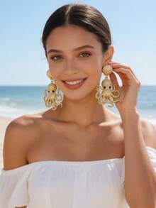Women's Exaggerated Octopus & Shell Design Gold Bohemian Style Ocean Theme Party Earrings - Octopus - View 1