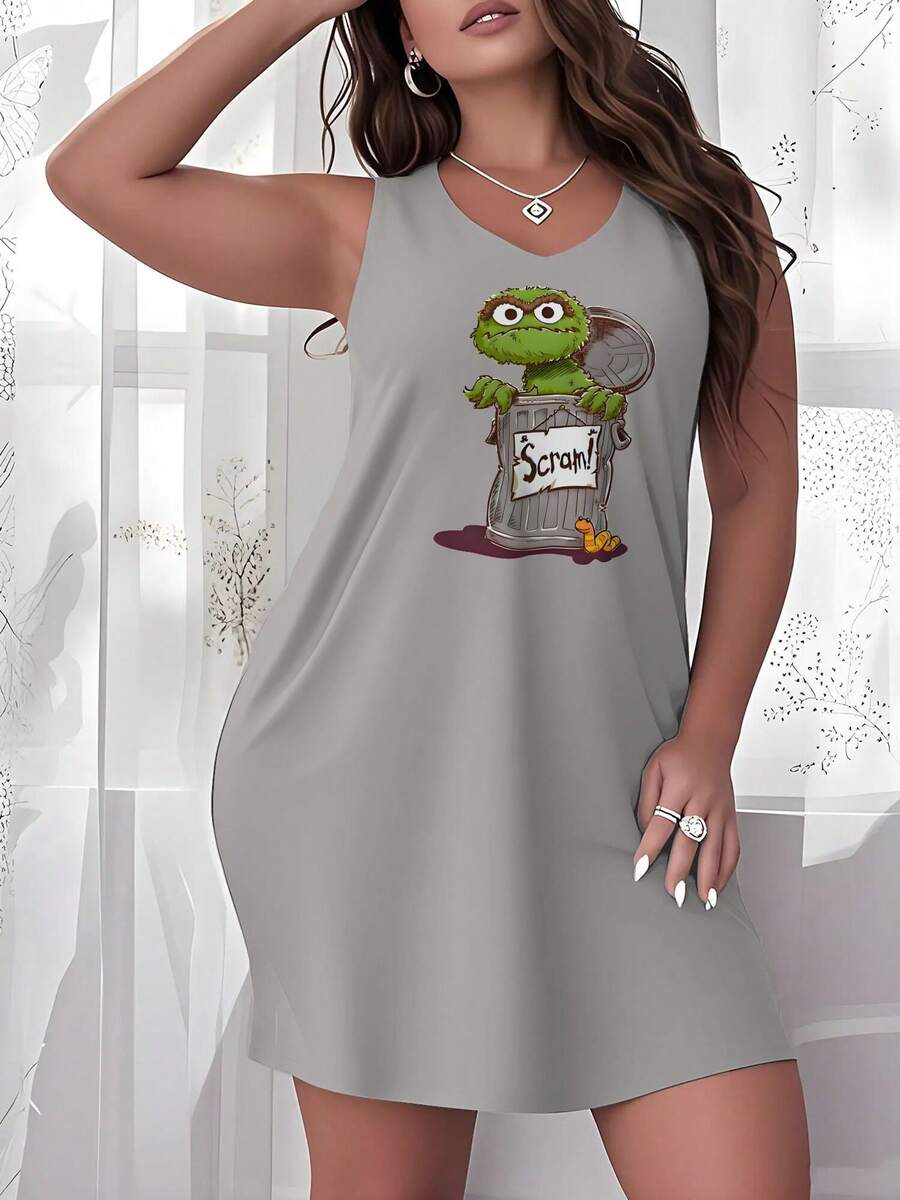 Womens Plus Size Oscar The Grouch Scram Nightdress, Cute Sleeveless Crew Neck Sleepwear Dress, Summer All-Season Beautiful Nightgown For Lady Girls Sleep Wear, Nice Gift For Lady - 灰色 - 查看 1