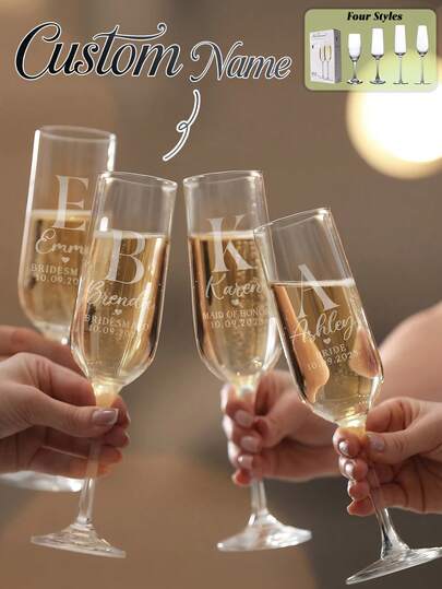1pc Personalized Champagne Flute - Durable Glass - Customizable Bows And Name, Beautifully Engraved Champagne Glass, Wedding Wine Glass,Bridesmaid Gift, Bridal Anniversary - Luxury Collectible, High-Quality Reusable Hand-Wash Glassware, Romantic Couples Gift, Suitable For Valentine's Day Gift