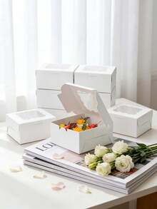 5pcs/10pcs 6x6x3in Sturdy Cake Box, White Cardboard & Kraft Paper, Wave Window For Cookie & Souvenir Gift Packaging - View 3