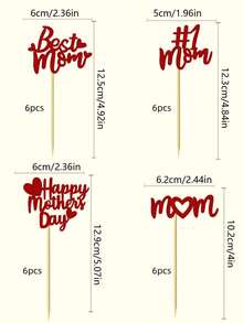 12pcs/24pcs "Happy Mother's Day" Cake Toppers, 4 Designs With 3 Of Each, Best Mom Mother's Day Birthday Cake Decor - Red - View 6