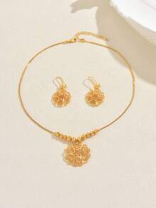3件套优雅简约镂空花朵项链耳环套装，适合女士参加派对、宴会、约会等场合佩戴。 - 金色 - 查看 3