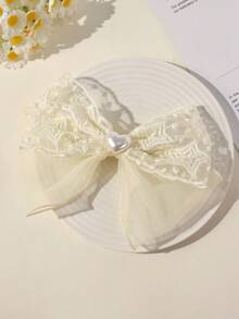 1pc Cute Versatile Mesh Bow Pearl Hairclip For Girls - Beige - View 2
