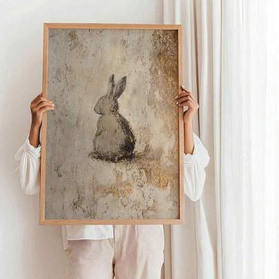 1 pieza Pintura en lienzo minimalista rústica de conejo - Decoración de pared estilo granja neutra, contorno texturizado de conejo, adecuado para decoración de país moderna, adecuado para decoración del hogar, decoración de habitación, decoración de dormitorio, decoración de sala de estar, decoración de baño, decoración de pared, arte de pared opcional con marco