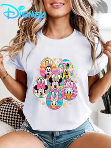 Disney Female Mickey Mouse Easter Egg Cartoon Short Sleeve T-Shirt-Amusement Park Theme Round Neck Shirt, Soft Polyester Fabric, Summer Leisure And Holiday Style, Interesting Design, Suitable For Amusement Scene Lovers, Breathable And Comfortable, Necessary For Vacation. - 白色 - 查看 1