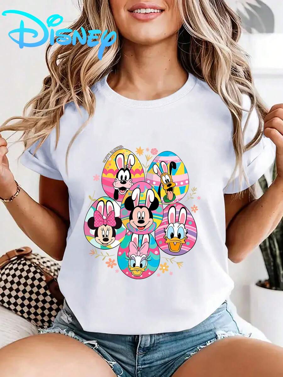Disney Female Mickey Mouse Easter Egg Cartoon Short Sleeve T-Shirt-Amusement Park Theme Round Neck Shirt, Soft Polyester Fabric, Summer Leisure And Holiday Style, Interesting Design, Suitable For Amusement Scene Lovers, Breathable And Comfortable, Necessary For Vacation. - 白色 - 查看 1