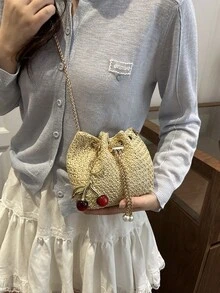 Túi xô mini thời trang mới bằng rơm đan, dây rút bằng xích vàng, túi đi biển. - Màu Khaki - Xem 5