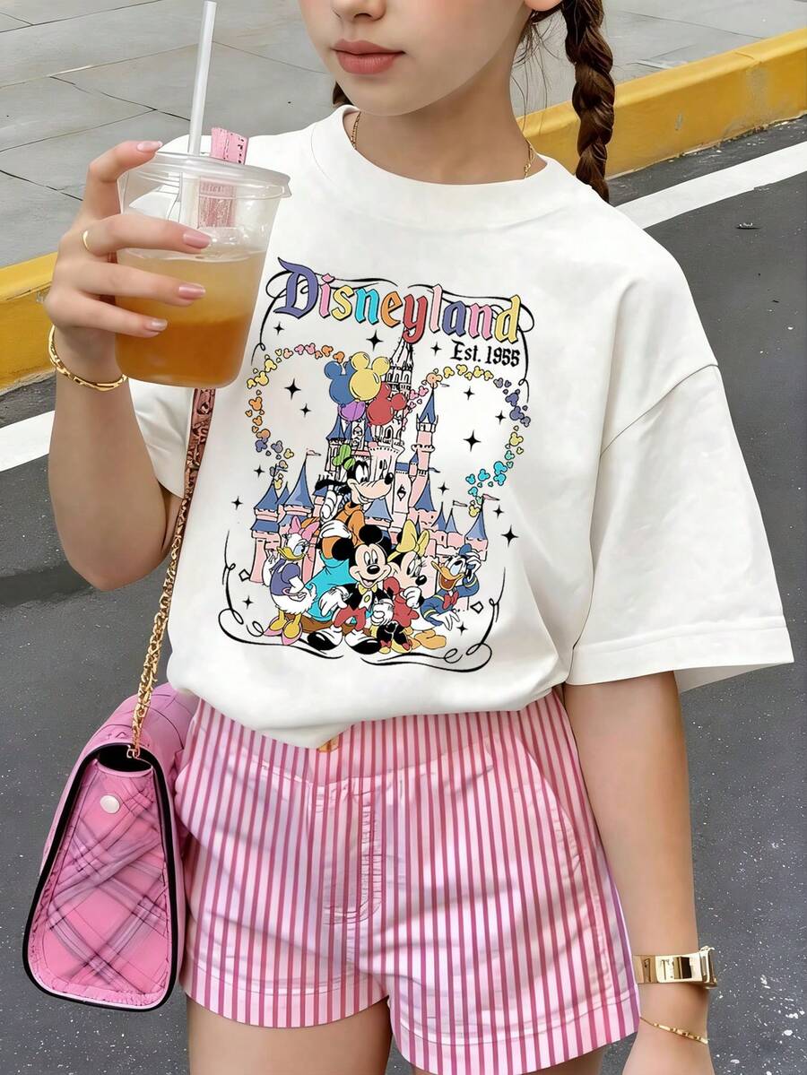 Summer Tops,Disneyland Print Graphic Tee, Perfect For Cute Girls. Teen Girl Gift,Comfortable And Breathable Children's Short-Sleeved T-Shirt. 180g Pure Cotton Children's Clothes,Suitable For Both Boys And Girls.Suitable For Daily Wear, Vacations, Outdoor Activities, And As A Children's Gift. - White - View 1