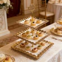 Vintage 3-Tier Square Cupcake Stand With Gold Floral Embossed Trim, Elegant Ceramic Dessert Display Tower For Wedding, Tea Party & Bridal Shower, Luxury Aesthetic Tableware, Perfect Gift For Bakers & Hostess - Multicolor - View 4