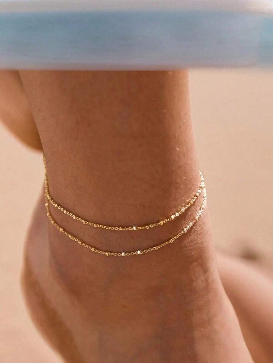 1pc Stainless Steel Double-Layered Stacked Anklet, Bohemian Beach Style Foot Chain, Women Valentine's Day Accessories - 金子 - 查看 1