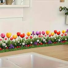 Colorful Tulips & Floral Border Wall Sticker, Spring Flower Baseboard Decal, Removable Self-Adhesive Decor For Living Room, Bedroom, Room - Tulips - View 2