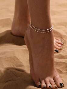 1pc Stainless Steel Double-Layered Stacked Anklet, Bohemian Beach Style Foot Chain, Women Valentine's Day Accessories - 金子 - 查看 3